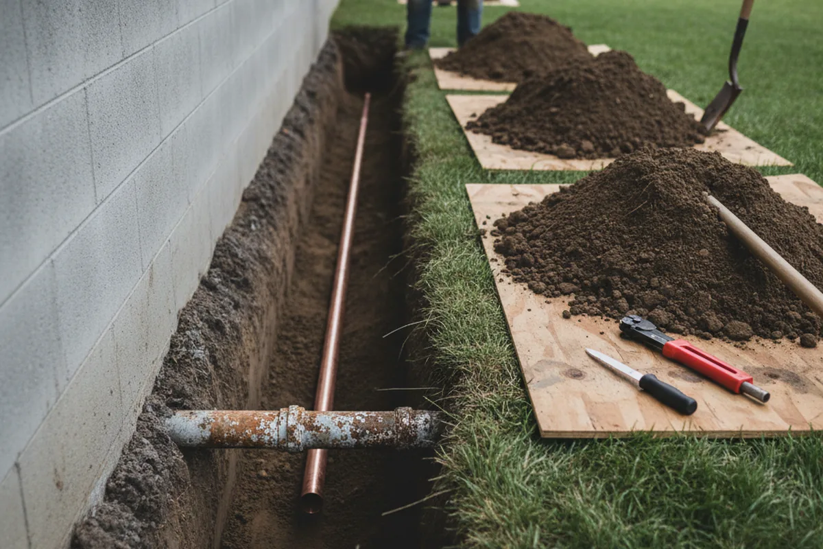 Excavated water line trench during Sewer Line Repair in Citra